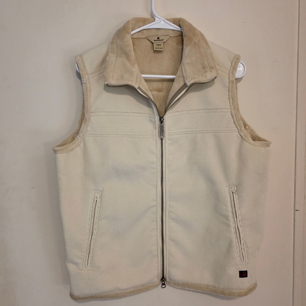 Woolrich Womens Corduroy Vest Size Large Cream Faux Fur Lined Full Zip Outdoor